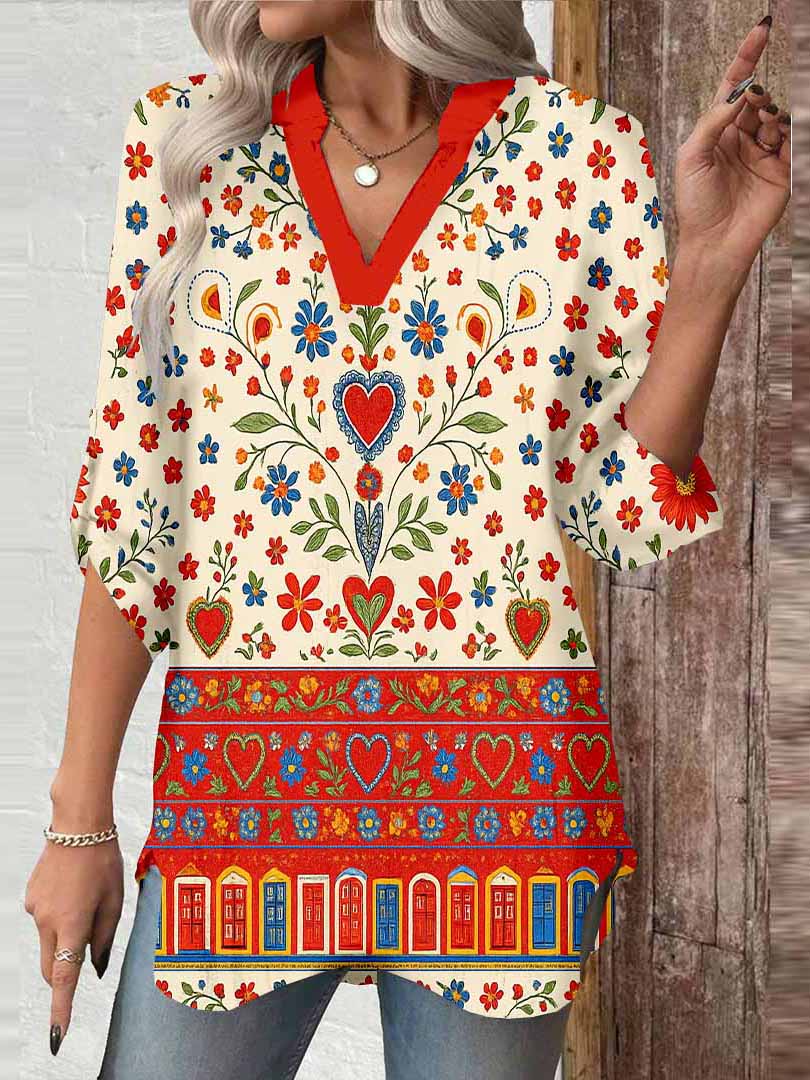 Women Floral, Retro, Red DZGA0161 3/4 Sleeve V-neck Printed Graphic Button Tops