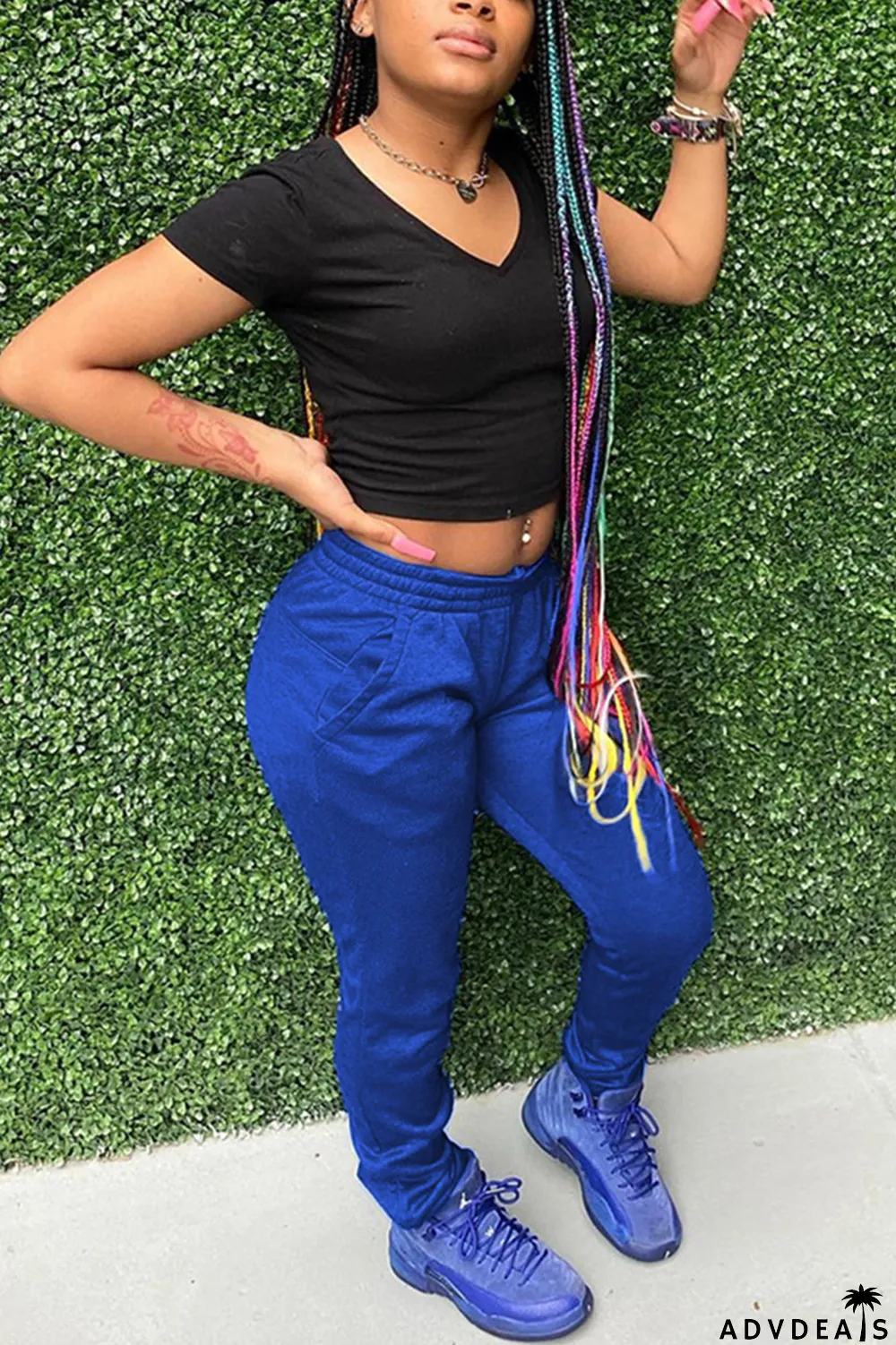 Blue Fashion Casual Solid Mid Waist Trousers