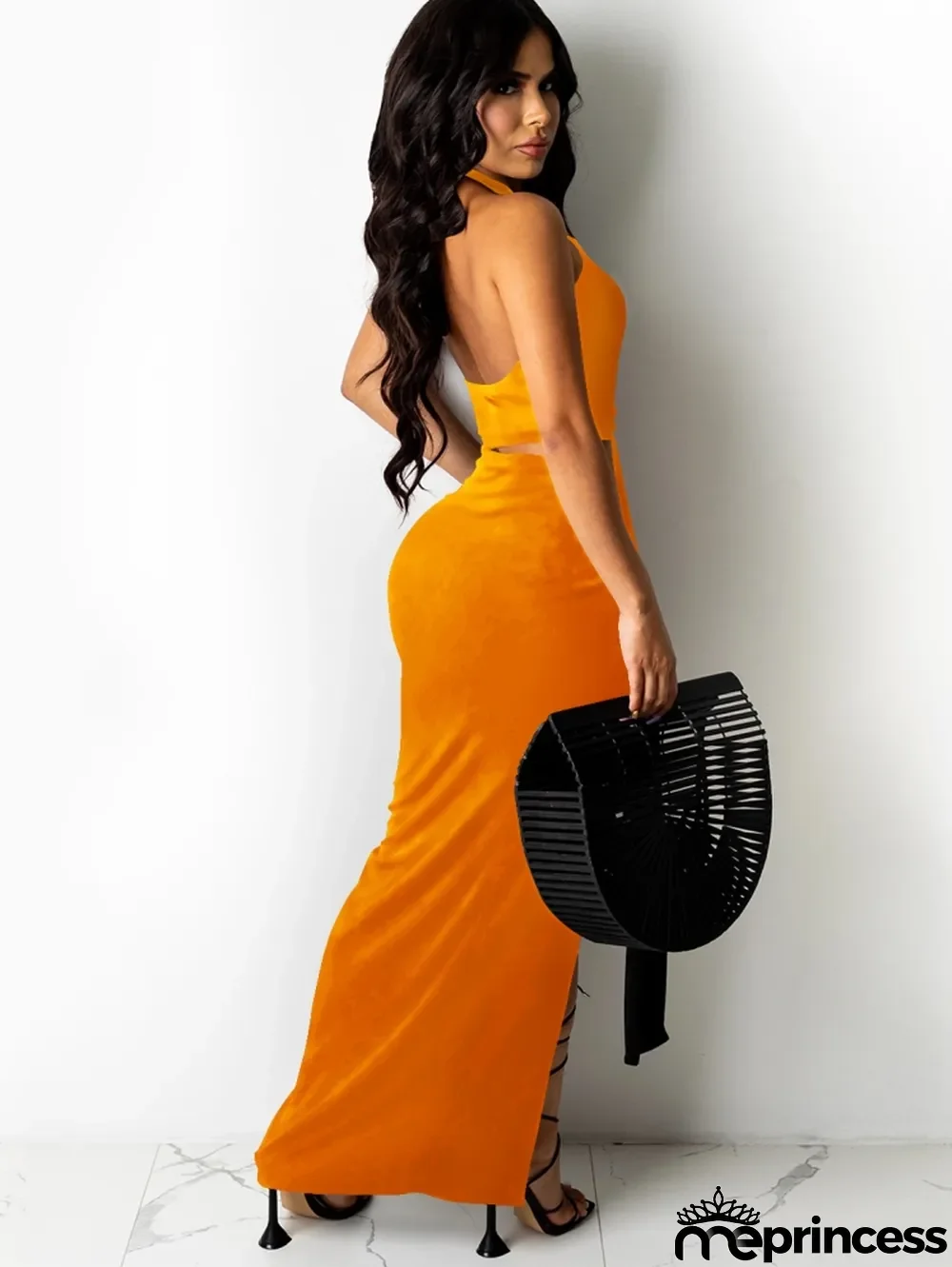 Summer Orange Sexy O-Ring Halter Crop Top and Irregular Long Skirt Set