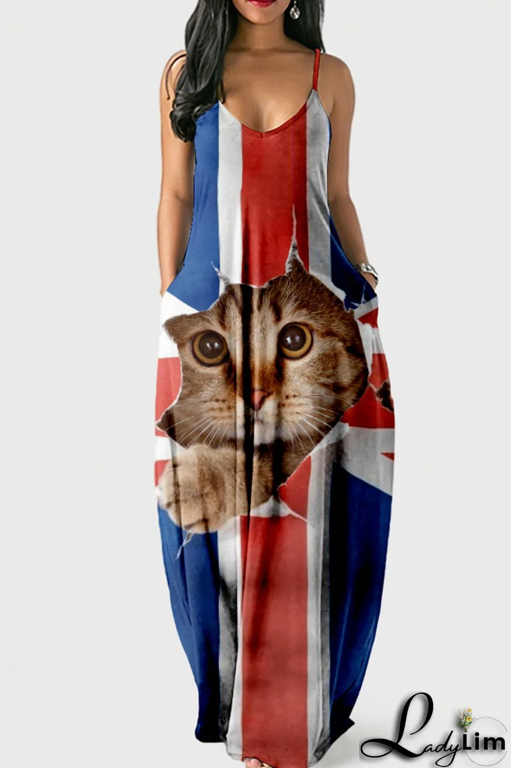 White Blue Fashion Sexy Print Backless Spaghetti Strap Long Dress