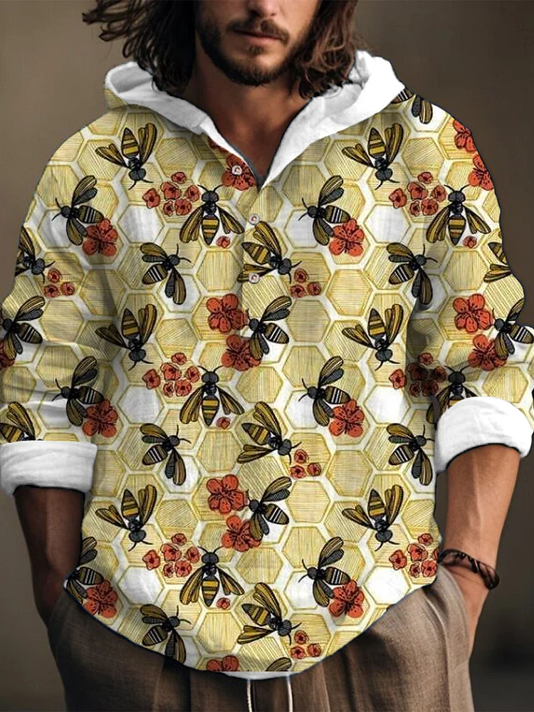 Bees Collecting Honey  Art Linen Hooded Long Sleeve Shirt