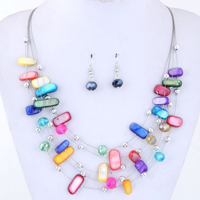 YOY-Multilayers Necklace Earrings Crystal Shell Jewelry Sets