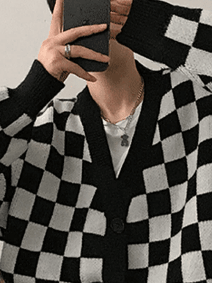 Aonga - Men's V Neck Checkered Cardigan Sweater aonga