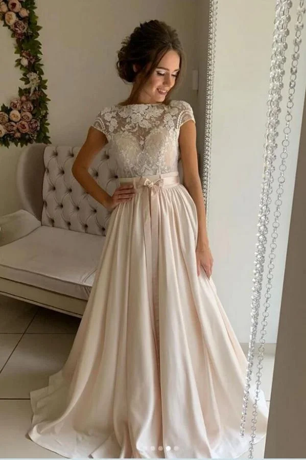 Long A-line jewel Stretch Satin Lace Wedding Dresses
