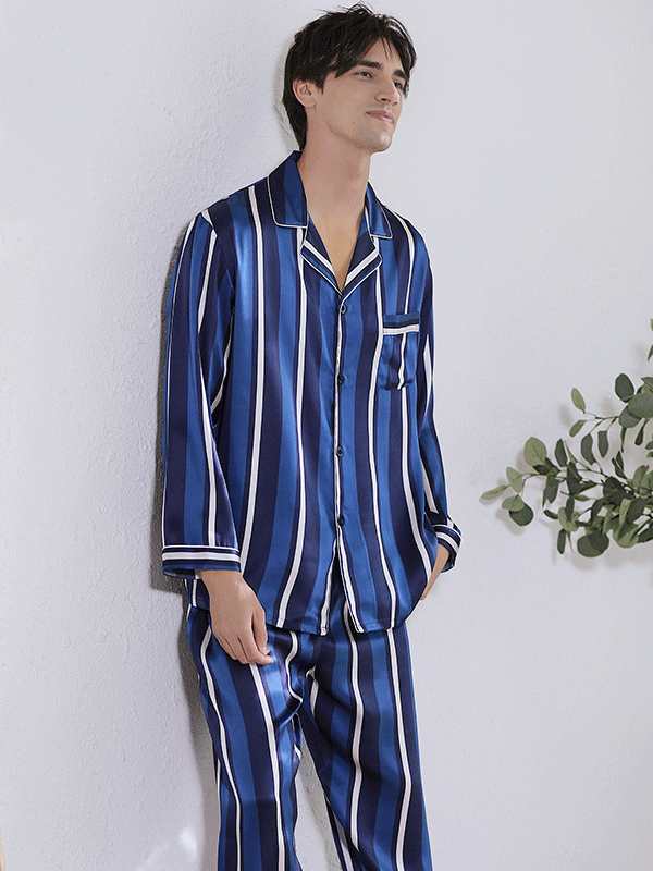 25 MOMME Pyjama en soie classique à rayures blanches-bleu marine homme 2
