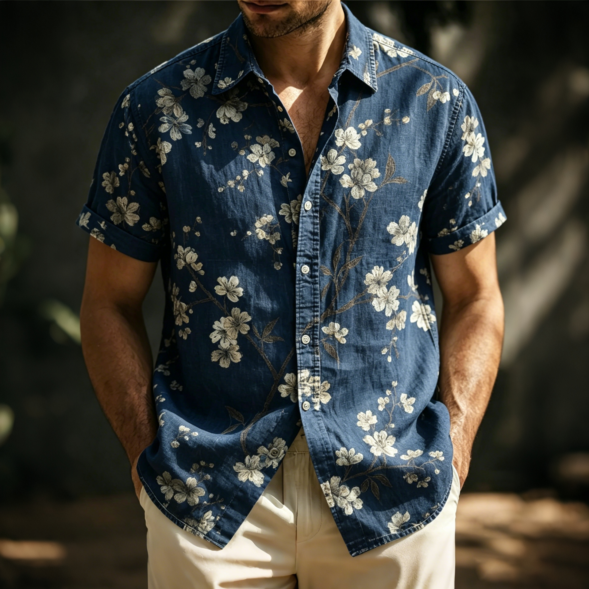 Comstylish Men's Vintage Floral Art Linen Blend Short Sleeve Shirt
