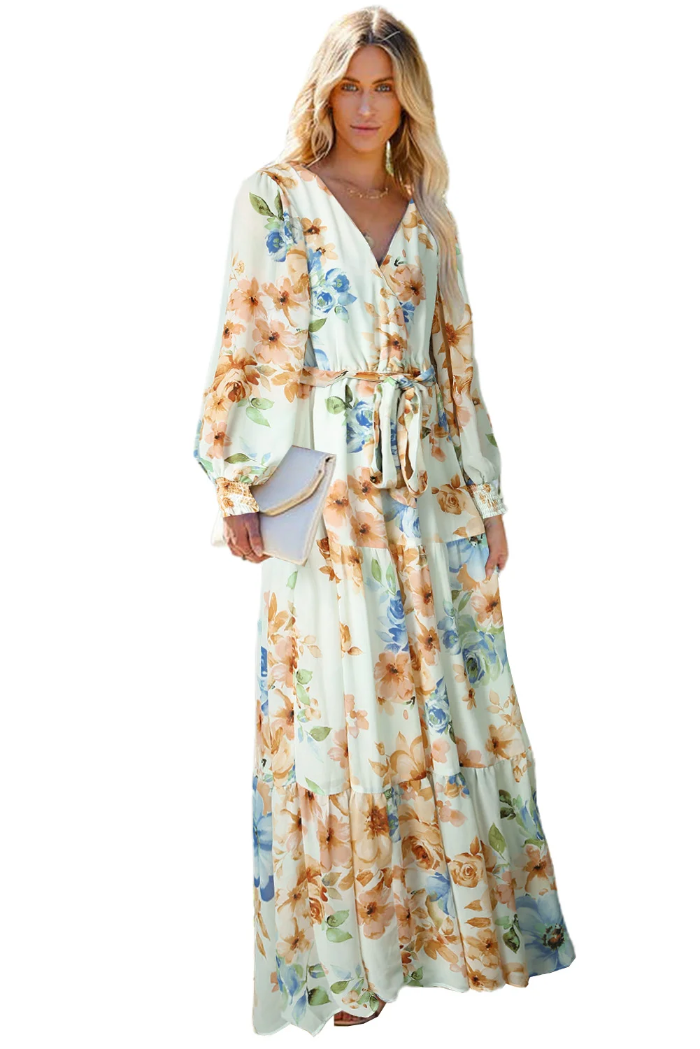 Green Puff Sleeves Empire Waist Floral Print Maxi Dress
