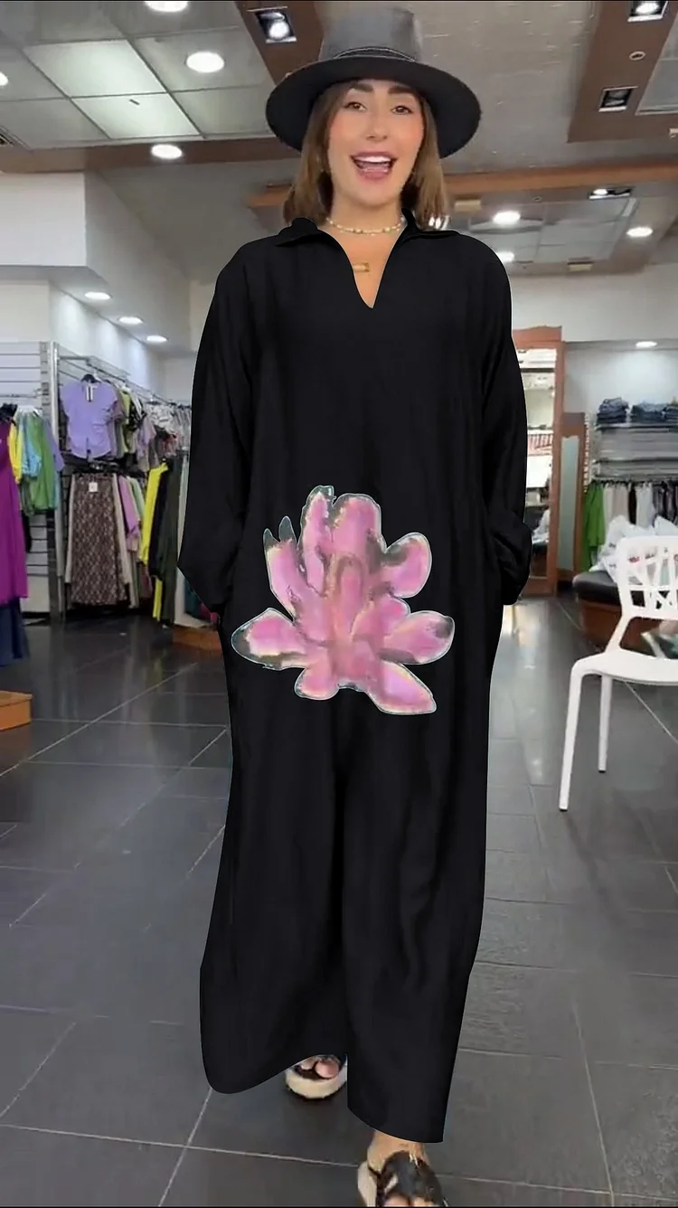 Loose Floral V-Neck Long-Sleeved Dress