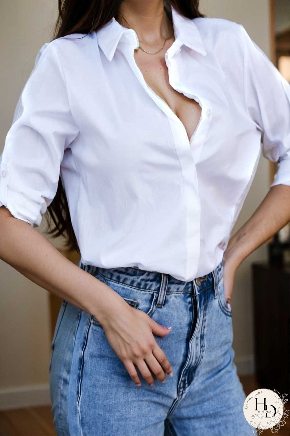 simple long sleeve v neck button blouses