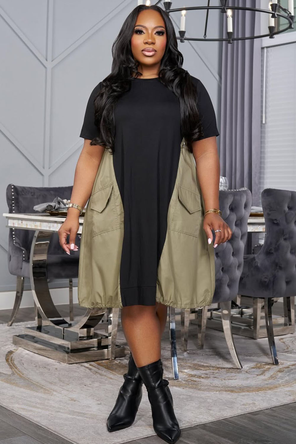 Colorblock Short Sleeve Ruched Hem Cargo Midi Dresses-Khaki