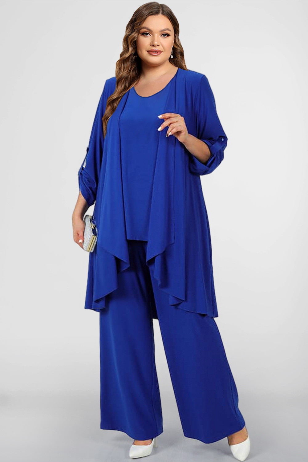 Flycurvy Plus Size Mother Of The Bride Royal Blue Chiffon Rolled Long Sleeve Three Piece Pant Suit