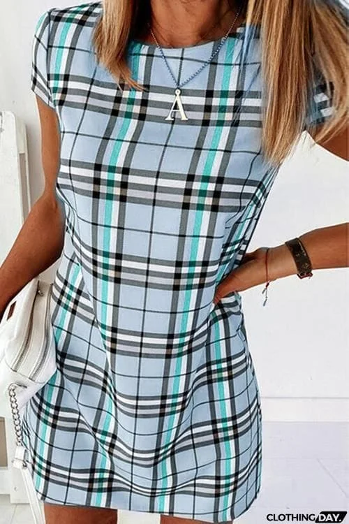 Grid Short Sleeve Bodycon Mini Dress