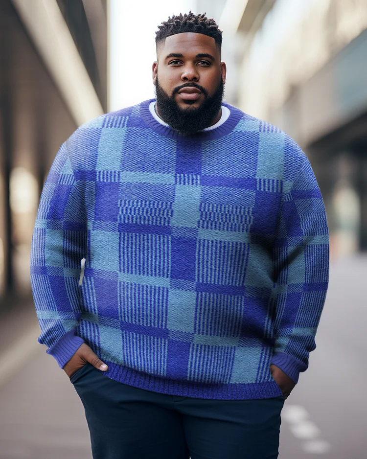 Men's Plus Size Casual Square Color Block Long Sleeve Warm Crewneck Sweater