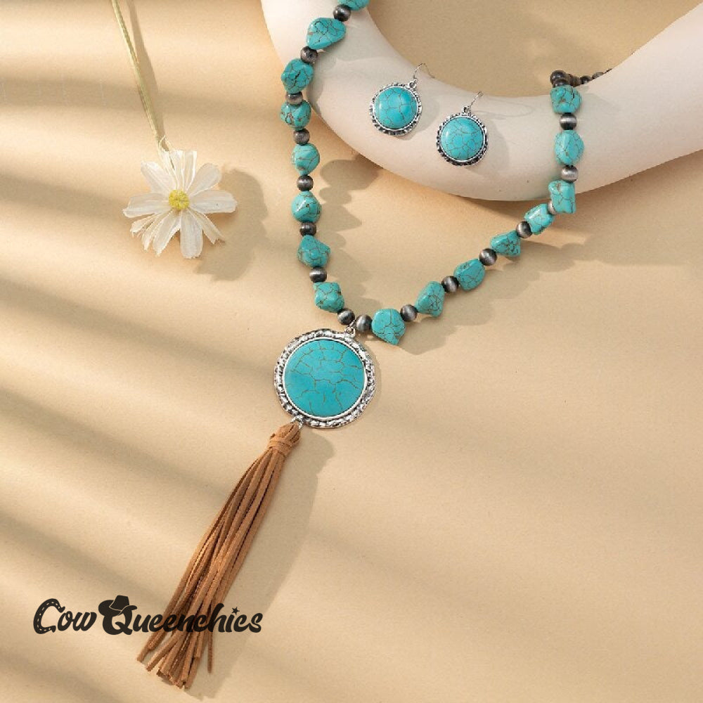Vintage Round Turquoise Necklace + Earrings Sky Blue / One-Size