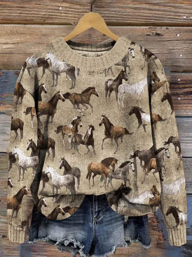 VChics Western Wild Horses Pattern Cozy Knit Sweater