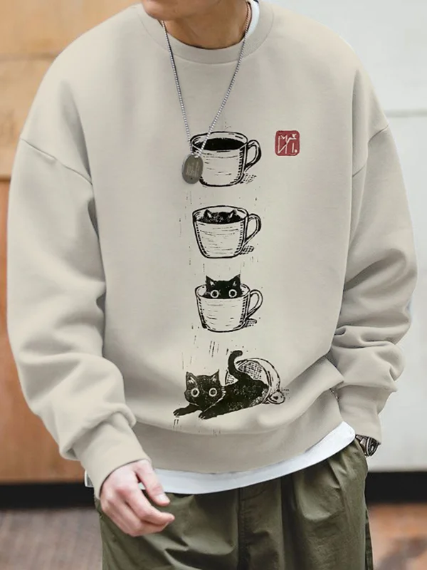 Men's Cat Coffee Cup Japanese Art Painting Print Cozy Sweatshirt
