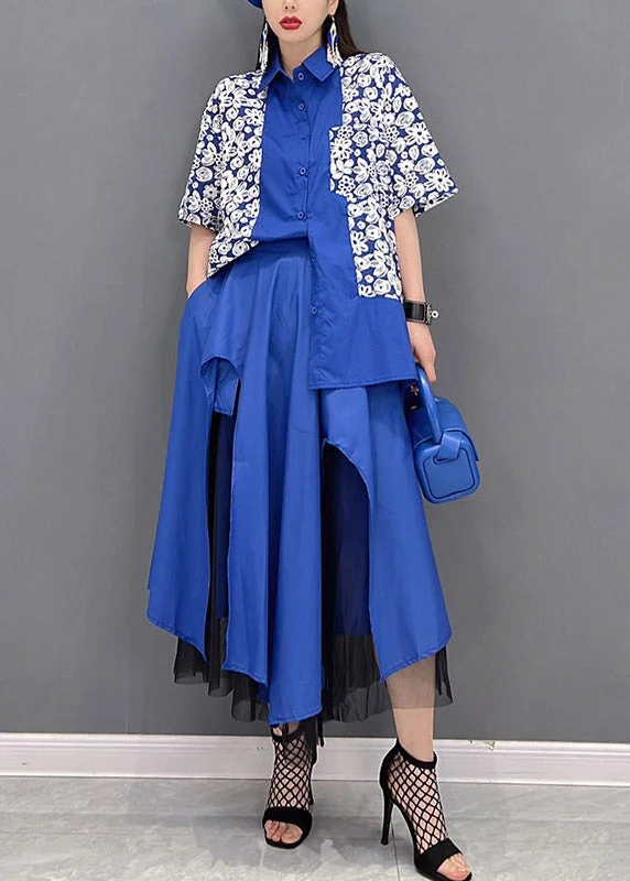 Chic Peter Pan Collar asymmetrical design Tulle Patchwork Shirt And Skirt Two Pieces Sets Summer