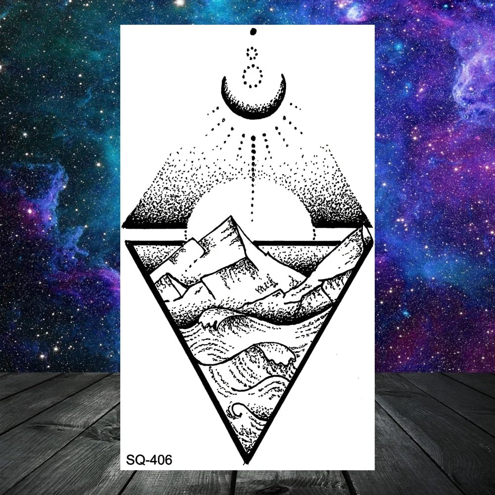 3D Geometry Mountain Sea Temporary Tattoos For Women Adult Men Kids Girl Sun Forest Eyes Fake Tattoo Neck Arm Hands Small Tatoos