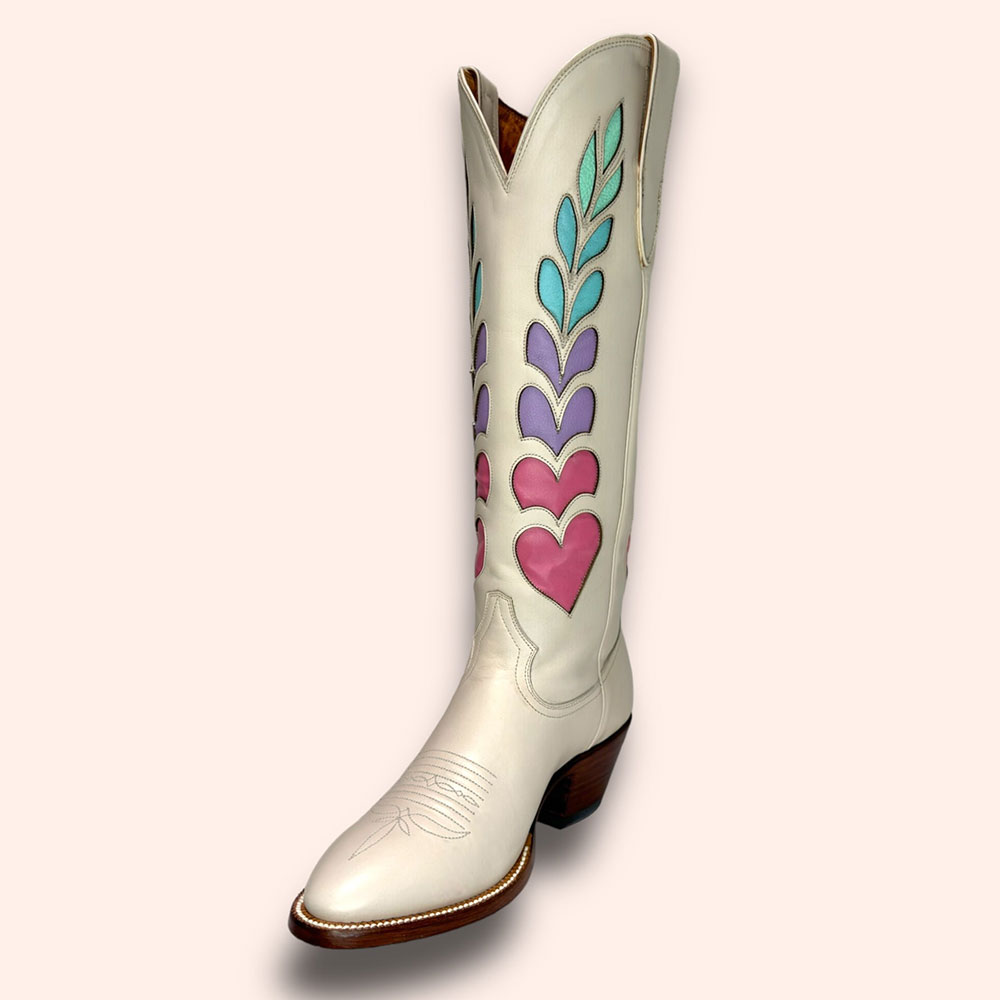 Ivory Chunky Heel Knee-High Cowgirl Boots with Colorful Inlay Design Nicepairs