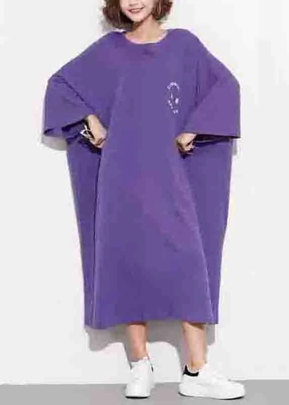 Plus Size Purple O Neck Print Patchwork Cotton Long Dress Summer