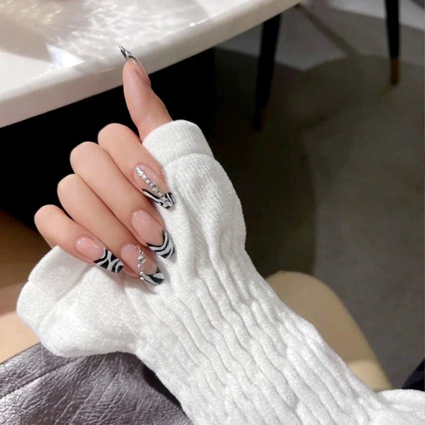 24pcs Blue Waves Printed False Nail Patch Glue Type Removable Long Paragraph Fashion Manicure Coffin Fake Nail Ballerina Art-Nail Inspo