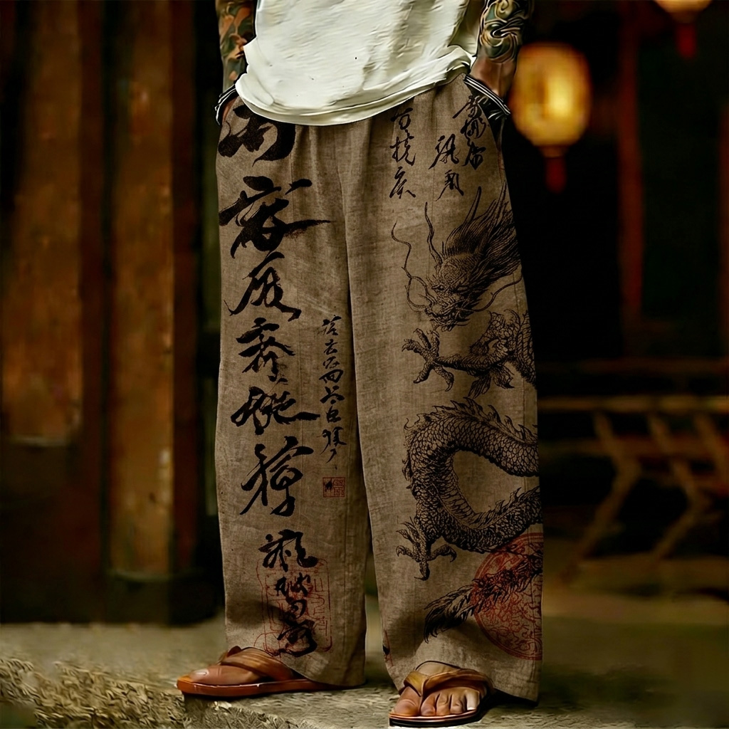 Men's Retro Dragon Pattern And Calligraphy Art Print Casual Pants elevenforest