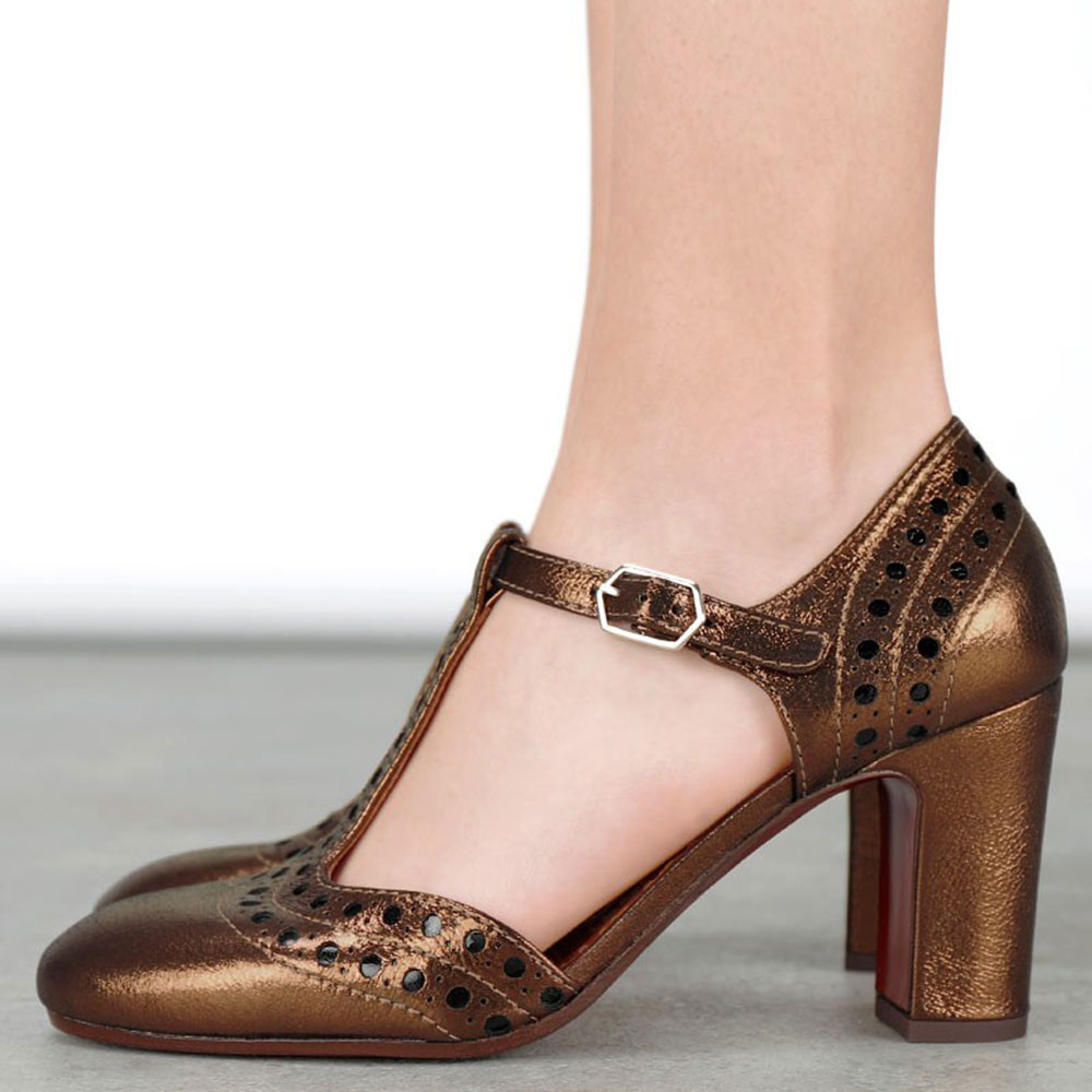 Bronze Metallic Finish T-Strap Round Toe Pumps Shoes with Black Hollow Nicepairs
