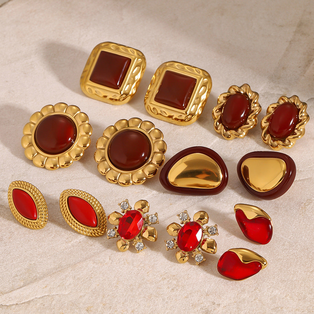 Jie Ding Stainless Steel Red Agate Earrings Zircon Earring Niche Earring
