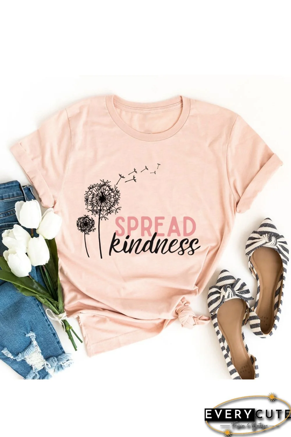 Pink Spread Kindness Dandelion Graphic Short Sleeve Tee