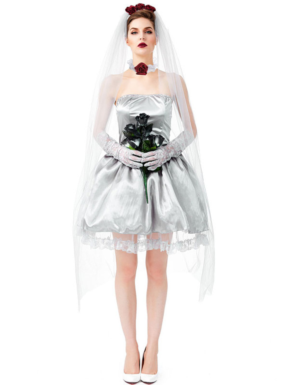 Halloween Costume Woman Vampire Silver Corpse Bride Dress With Gloves and Headwear carnival Costume Novameme