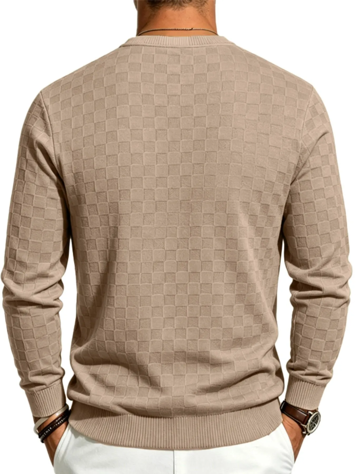 4-Pack Men's Plaid Knit Pullover, Textured Grid Pattern Long Sleeve, Soft Lightweight Casual Top, Minimalist Solid Color, Fall Winter Streetwear