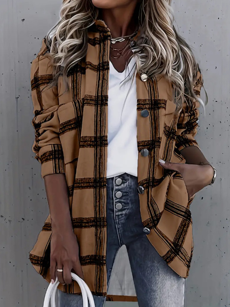 Ladies Classic Plaid Casual Button Fashion Shirt Jacket