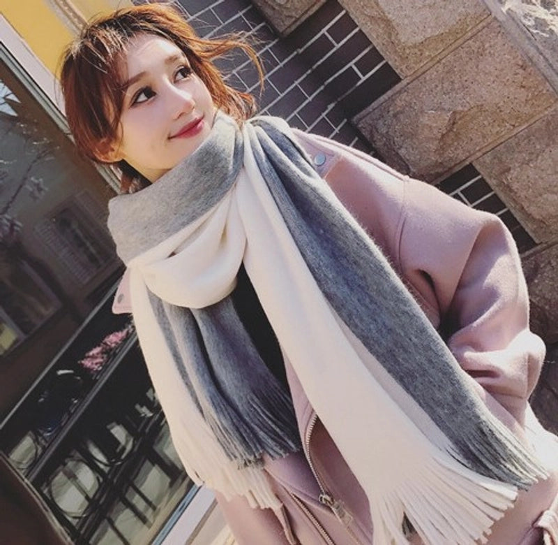 Imitation Cashmere Scarf Women’s Autumn And Winter Color-blocking Warm Japanese And Korean Style Couple Thickened Scarf Two-color Tassel Scarf