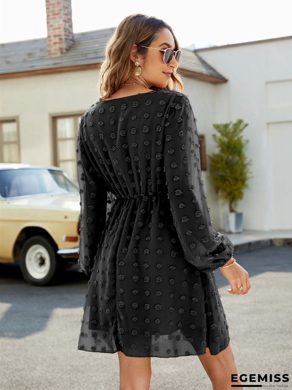 Dot A-line Skirt Ruffled V-neck Casual Loose Short Dress | EGEMISS