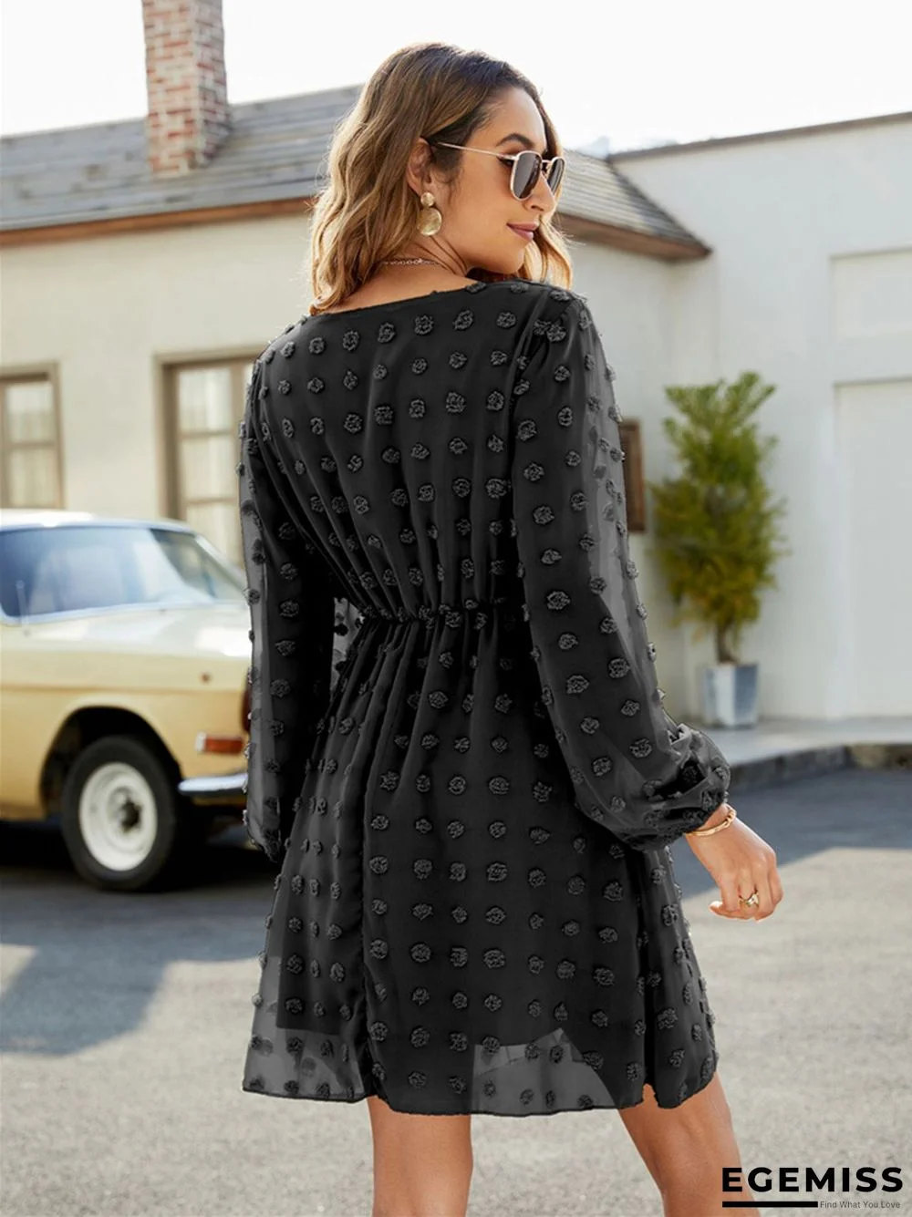 Dot A-line Skirt Ruffled V-neck Casual Loose Short Dress | EGEMISS