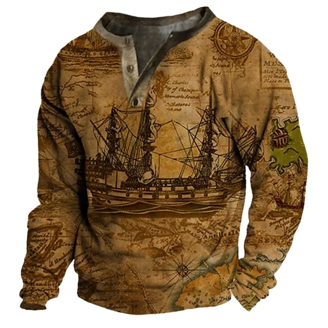 Men's Retro Sailing Boat Print Round Neck Long Sleeved Henry Shirt