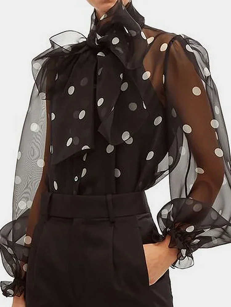 Elegant Bow Tie Stand Collar Polka Dots Print Long Sleeve Blouse