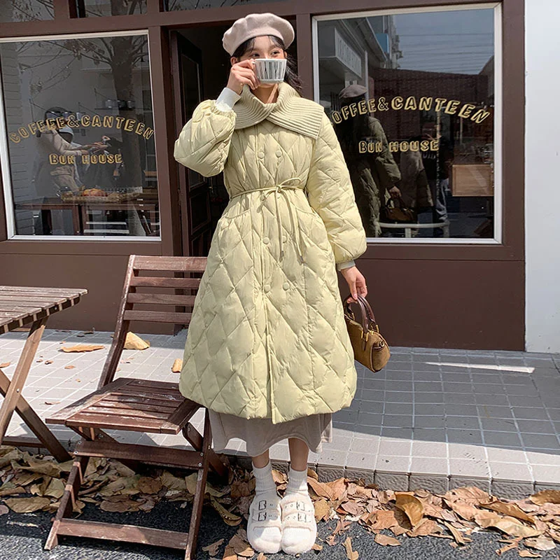 Toloer Ling Ge Knitting Collar Long Down Jacket Female 2024 Winter Fashion Thick Thin Belt Waist Show Thin Over The Knee Coat Tide-Outfit Ideas