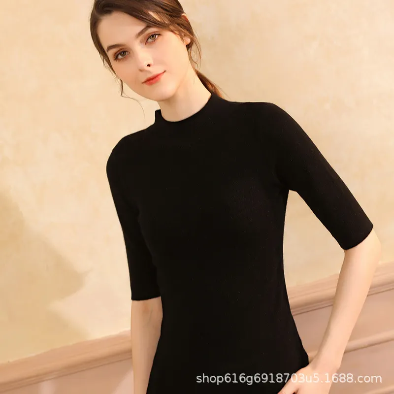 Churchf Churchf 2024 New Half High Turtleneck Slim Sweater Knit Short Sleeve Half Sleeve Five Minutes Middle Sleeve Tight Middle Sleeve Bottom Shirt