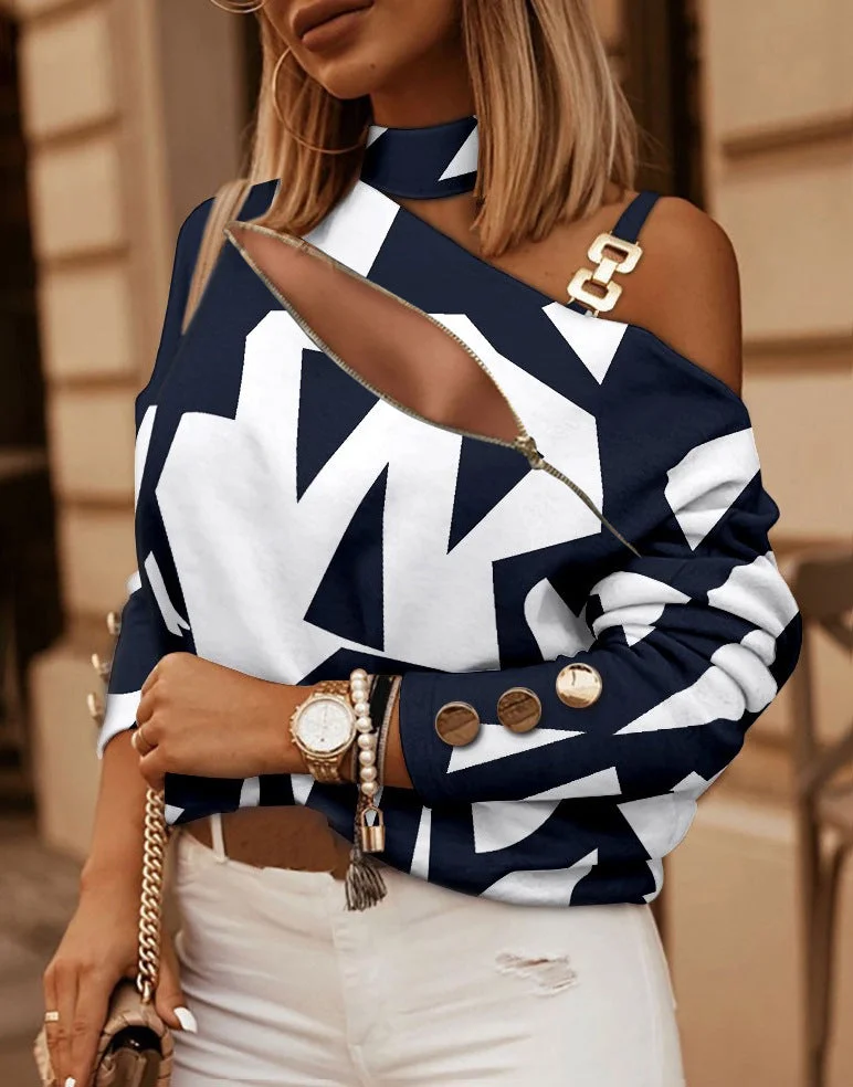 Brownm Long-sleeved Chain On Neck Printed Fastener Sweaters