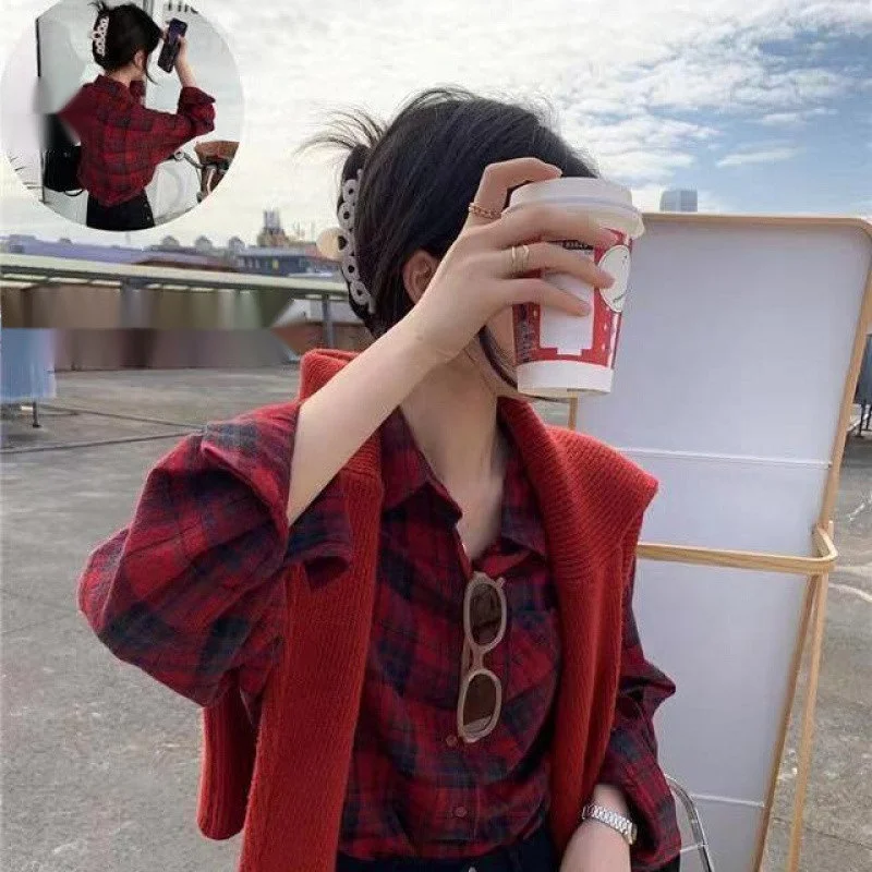Athvotar Athvotar Red Plaid Shirt Coat Woman 2025 Spring And Autumn Lazy Wind Loose Shirt Casual Design Sense