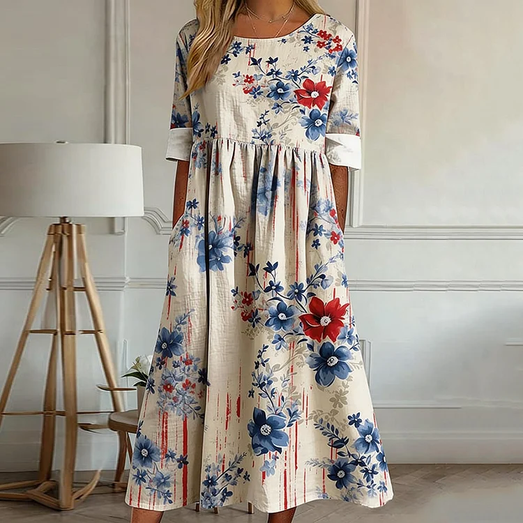 Women's Vintage Floral Independence Day Flag Art Print Dress