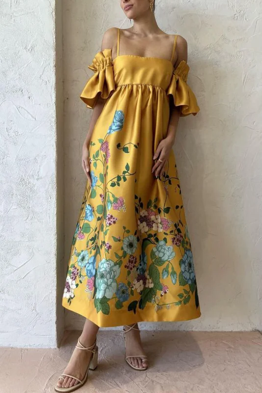 Marigold Print Gathered Sleeve Pocket A-Line Midi Dress
