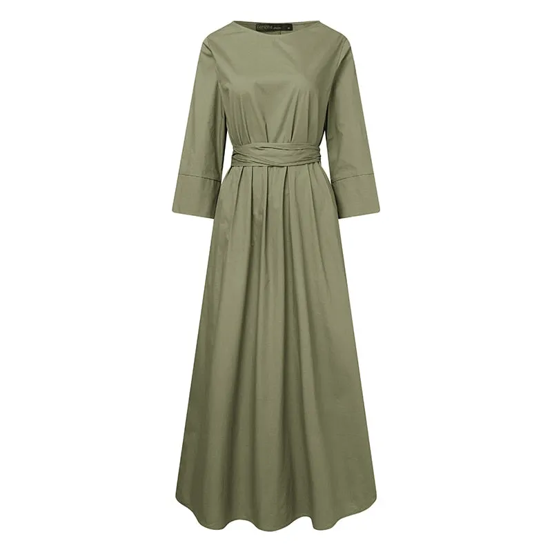 2022 ZANZEA Women Elegant Spring Long Sleeve Lace Up Sundress Vintage OL Work Vestidos Solid Kaftan Dress Robe Femme Oversize