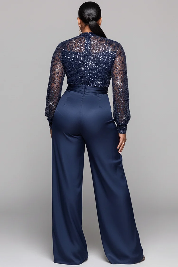 Xpluswear Design Plus Size Formal Navy Blue V Neck Long Sleeve See Through Elegant Sequin Satin Jumpsuits [Pre-Order]