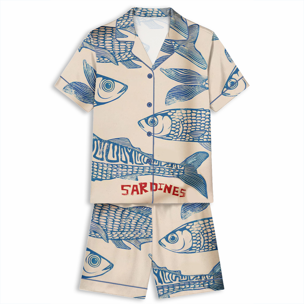 Tokyover Sardine Tin Vintage Unisex Short Sleeve Satin Pajama Set