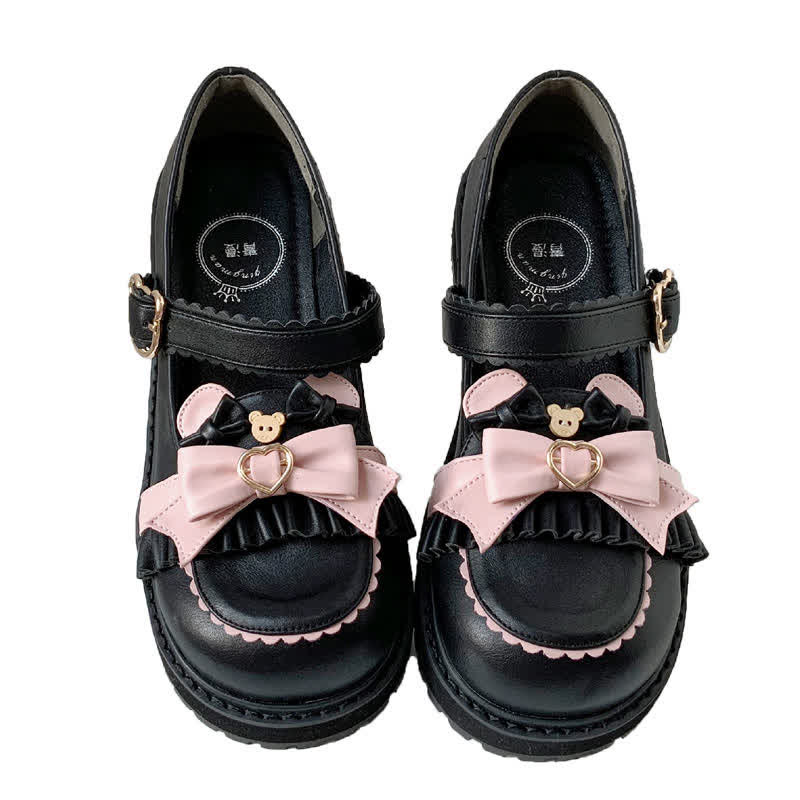 Bow Knot Button Bear Platform Lolita Shoes - Modakawa modakawa