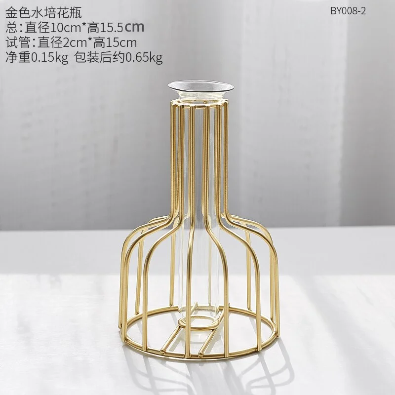 Transparent Glass vase Iron Art Vase Rose Gold Geometric Shape Flower Pot Home Accessories Decoration Wedding vases for flowers