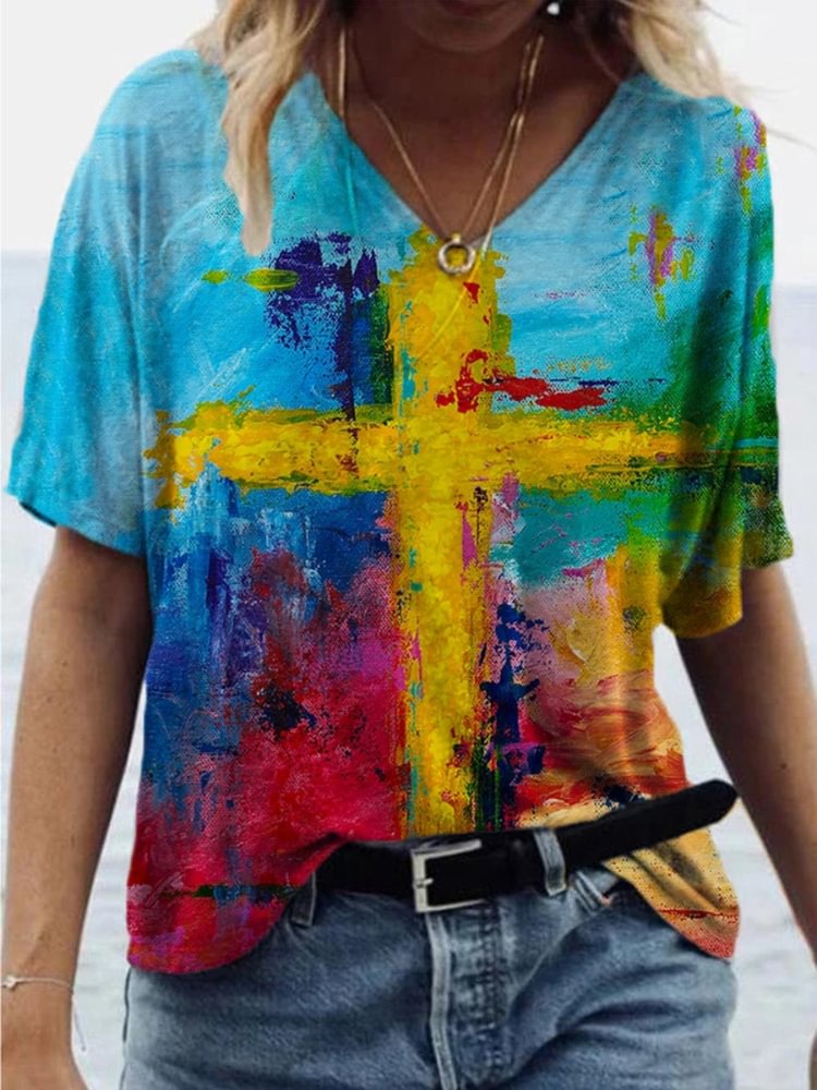 Artwishers Cross Abstract Art V Neck T Shirt