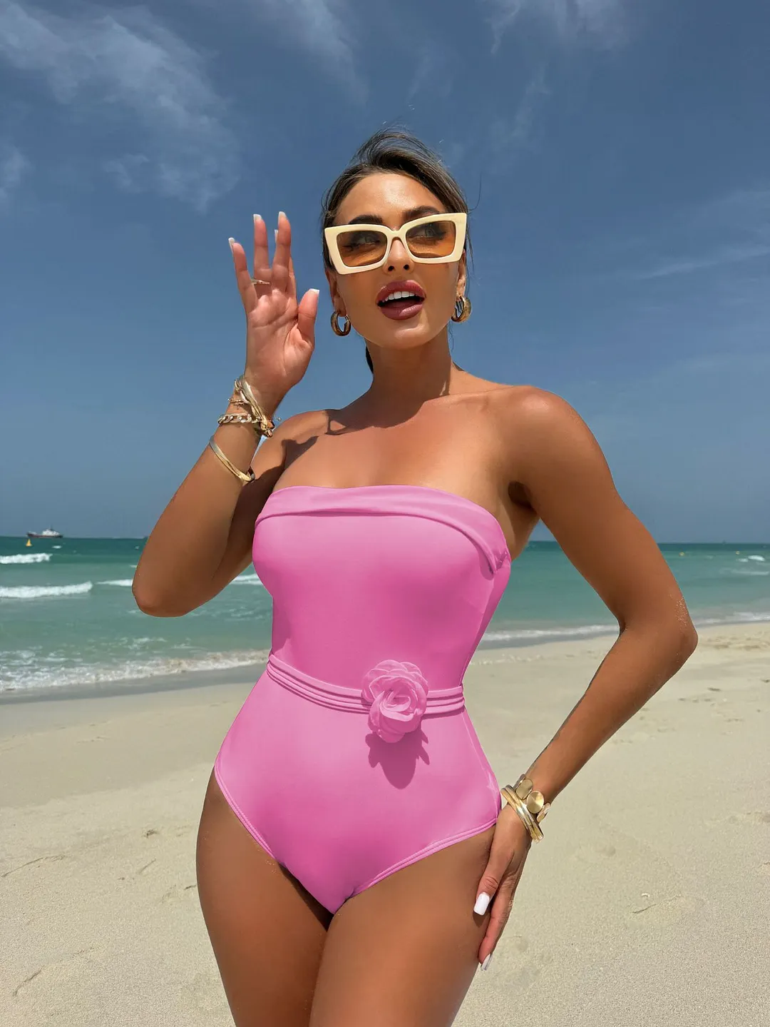 Brownm 2024 New One-Clothing Multi-Clothed Drawstring With Small Flower Swimsuit Bikini Bikini